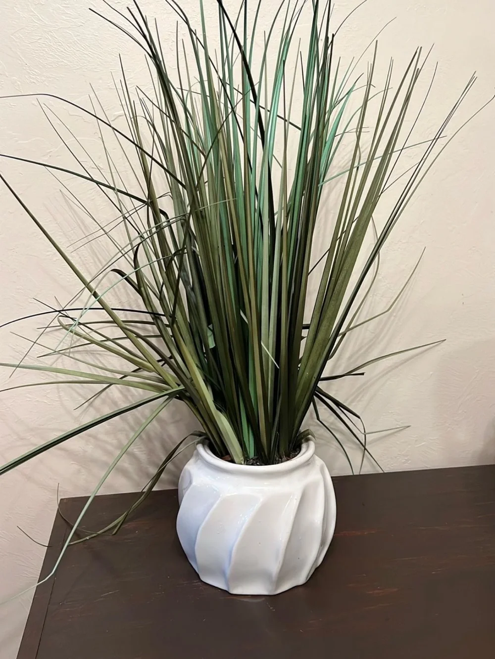 Artificial Green Grass Plant in White Swirl Ceramic Pot
